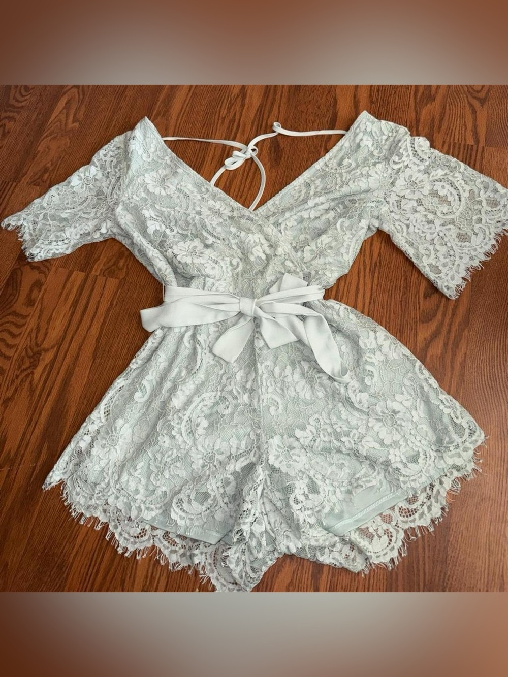 Altar'd State Lace Romper in Mint Green